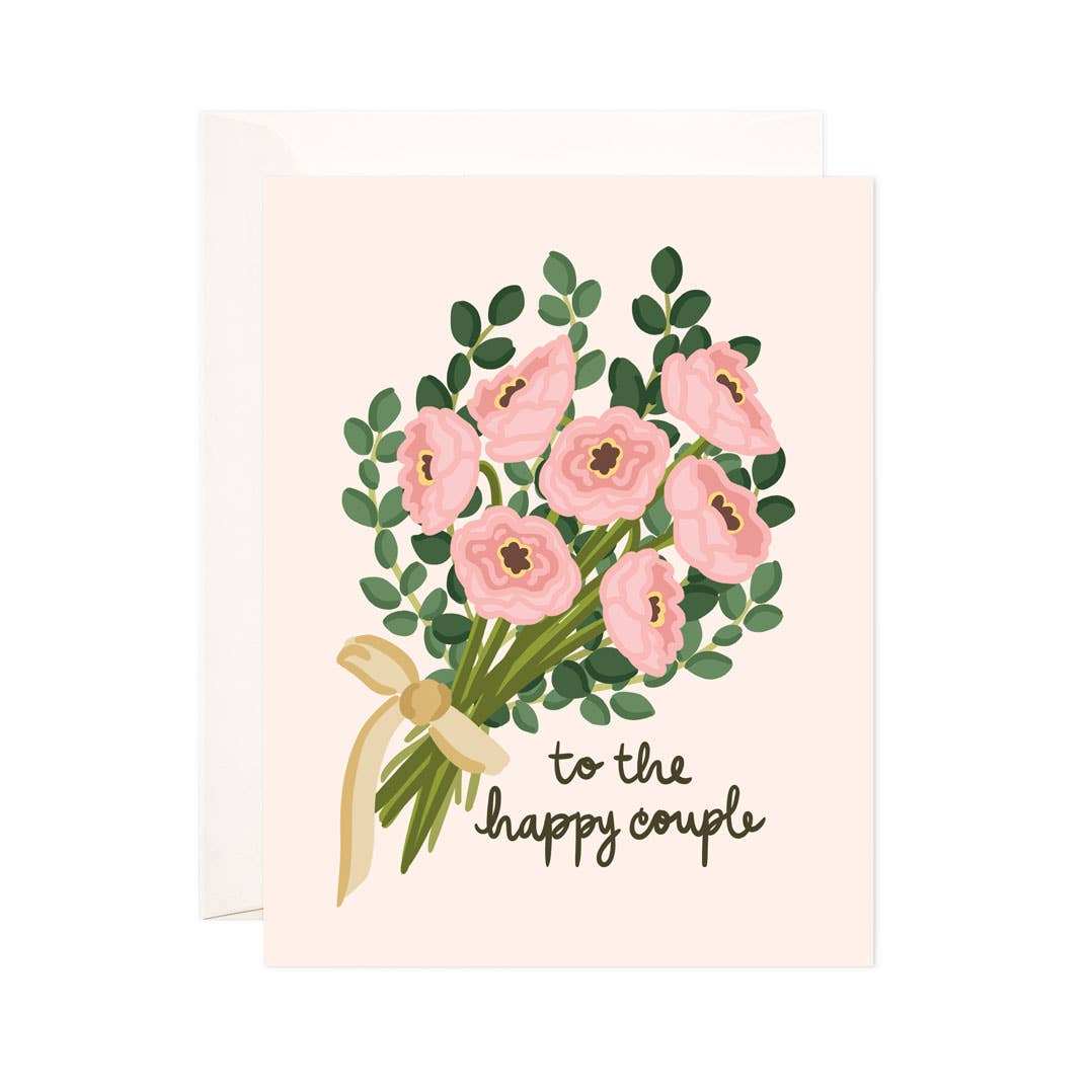 Happy Couple Bouquet Wedding Greeting Card with pink flowers and greenery.