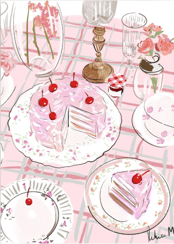 HAVE YOUR CAKE & EAT IT note card with pink cake illustration and cherry toppings.