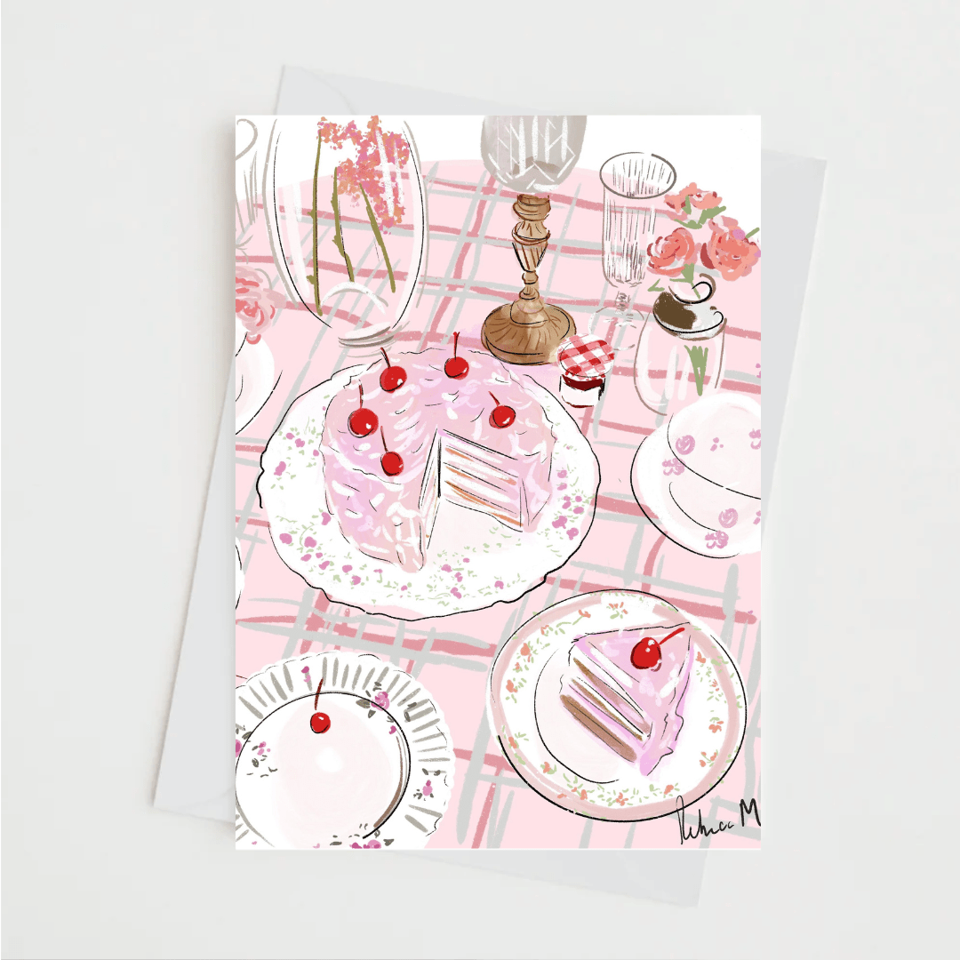 Illustrated note card with cake design, titled "HAVE YOUR CAKE & EAT IT", blank inside, includes white envelope.