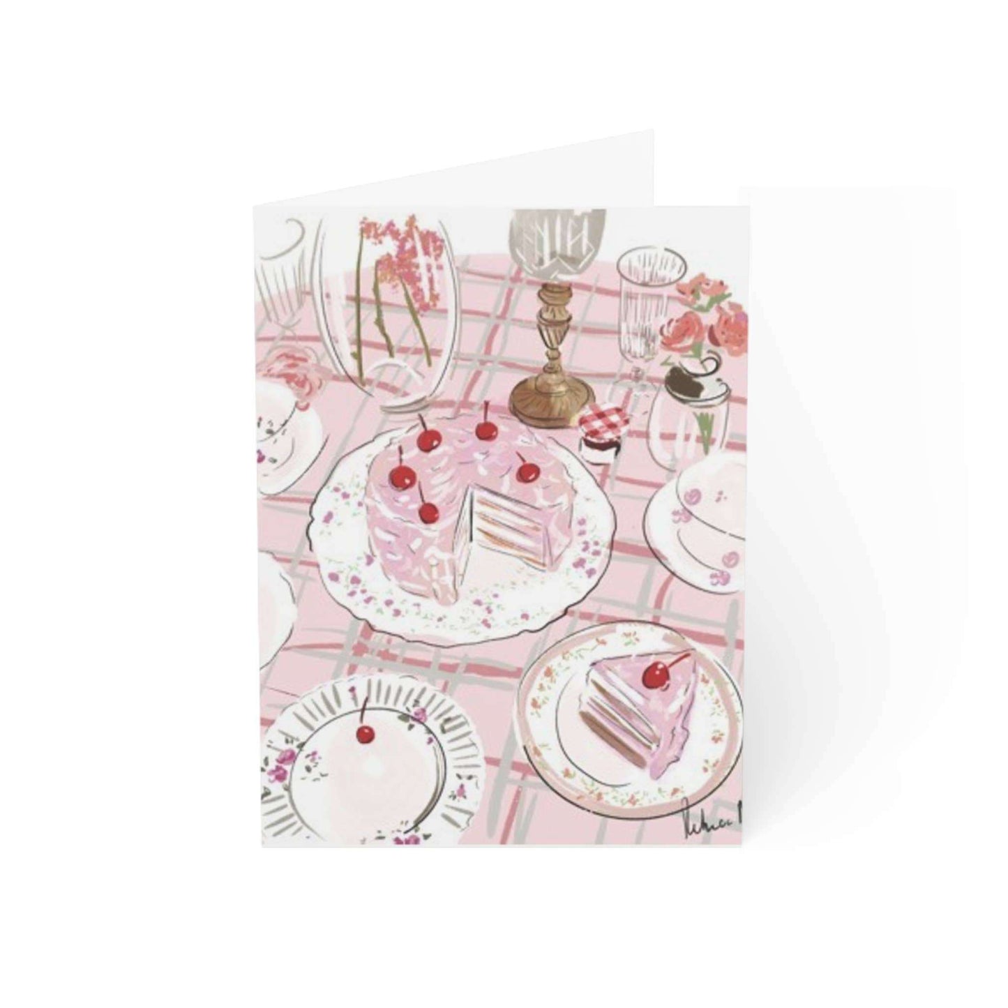 Illustrated note card with cake design and pink table setting, perfect for any occasion.