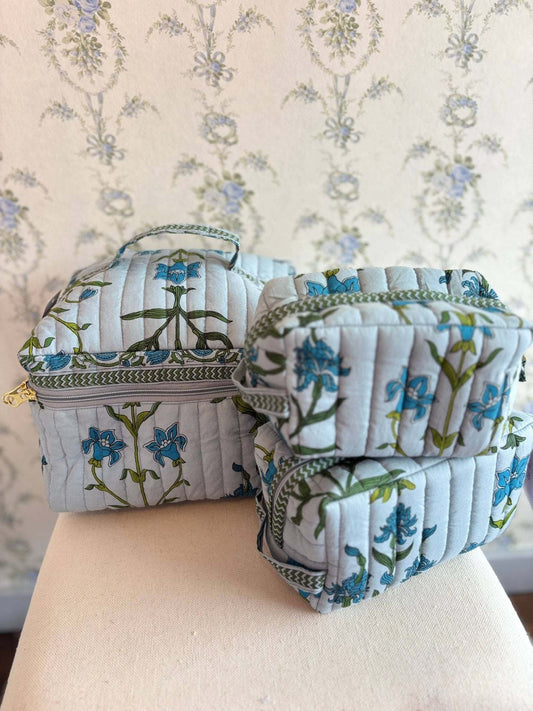 Iris Floral Quilted Cosmetic Bags Set of 3 by Heart of Grace, elegant and functional travel bags.