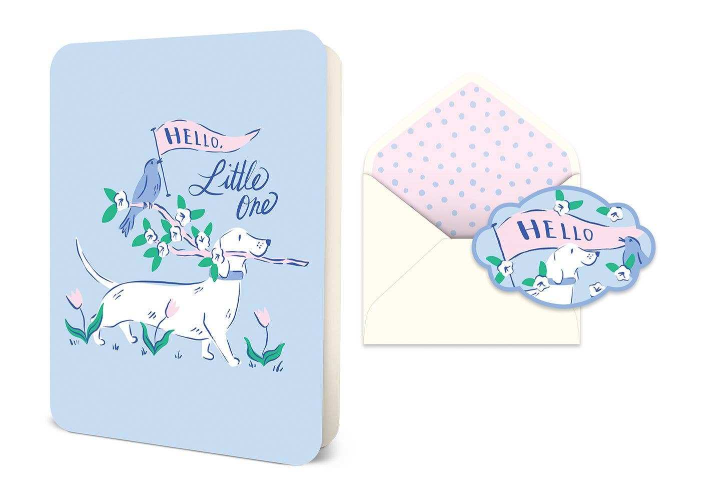 Hello, Little One deluxe greeting card with original artwork, matching envelope, and decorative seal.