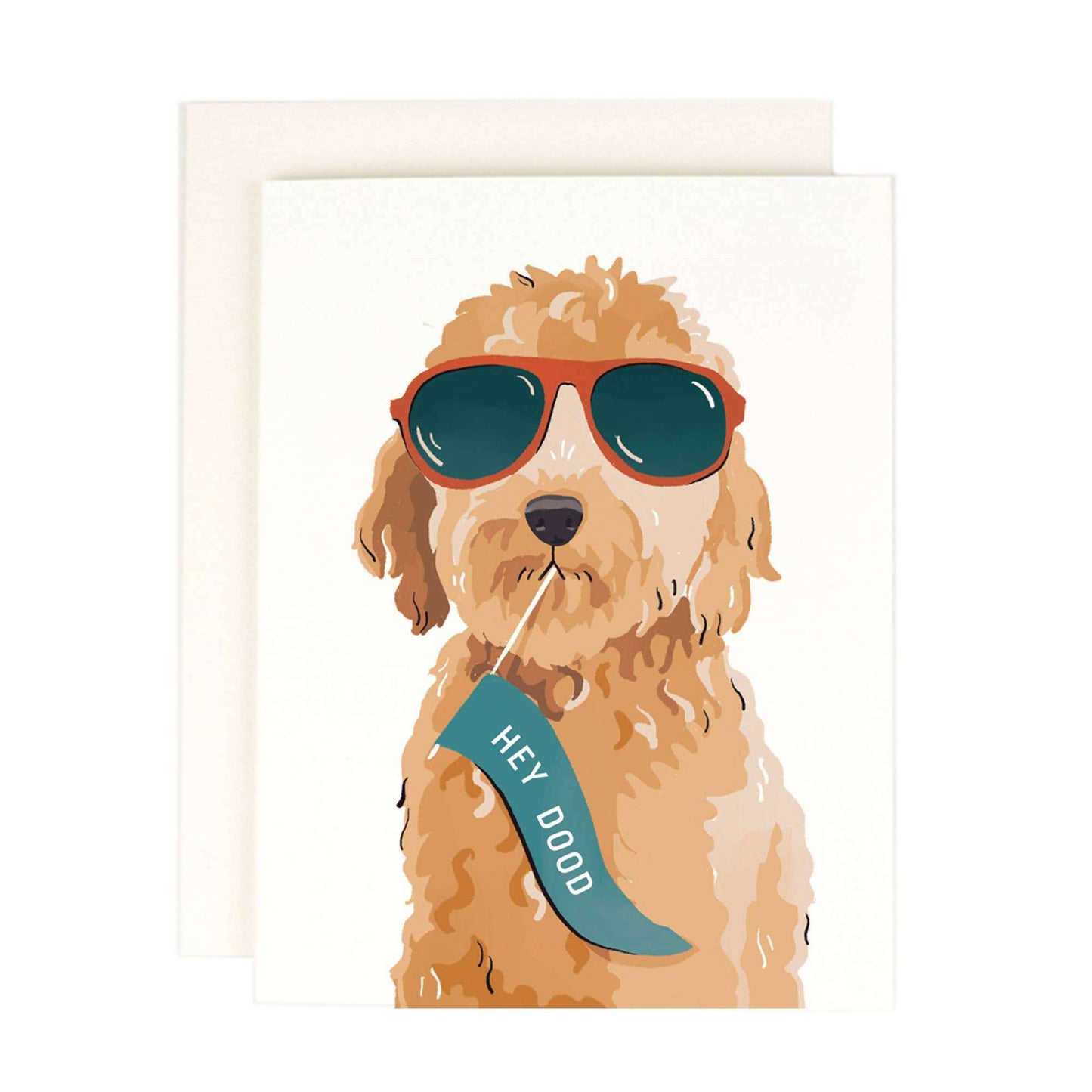 Hey Dood 2.0 greeting card with doodle dog illustration, sunglasses, warm white paper, and coordinating envelope.