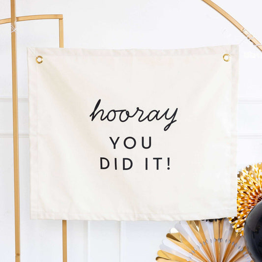 Hooray Canvas Banner celebrating graduation, durable 20"x24" cotton canvas.