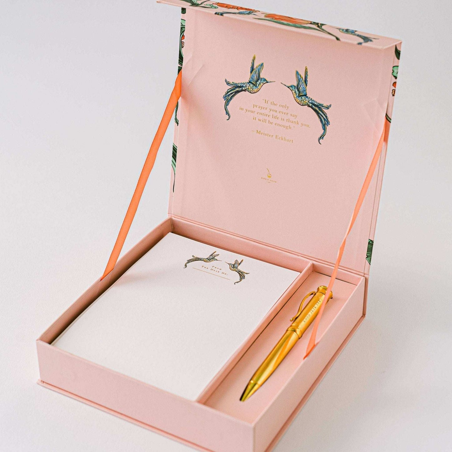 Hummingbird Luxury Stationery Set with gold-foiled keepsake box, writing sheets, envelopes, sealing stickers, and ball-point pen.