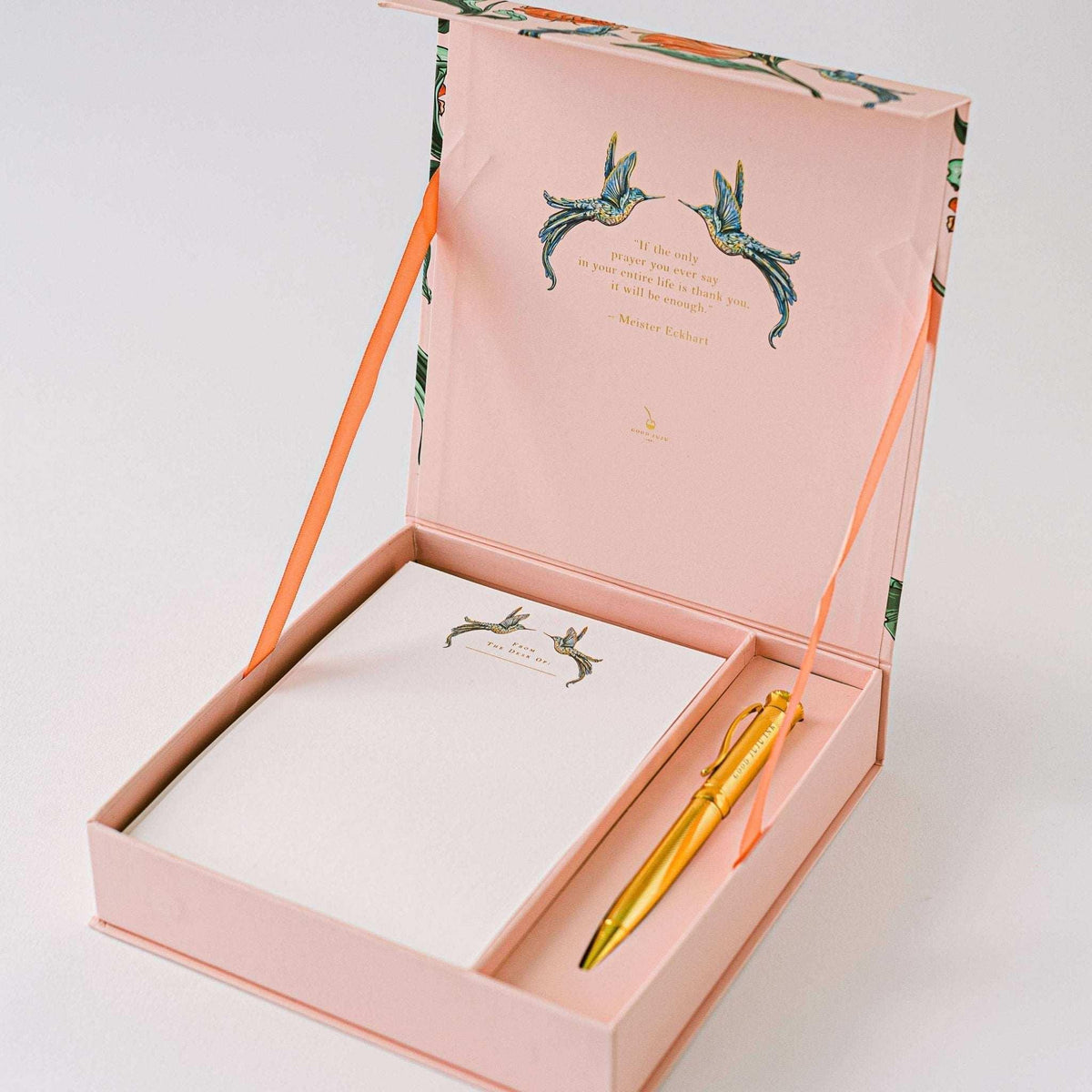 Hummingbird Luxury Stationery Set with gold-foiled keepsake box, writing sheets, envelopes, sealing stickers, and ball-point pen.