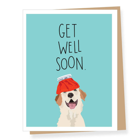 Ice Pack Dog Pawsitively Get Well Card with humorous design, featuring cute dog and red ice pack.