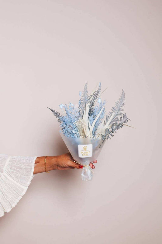 Mini Cloud Dried Flower Bouquet in soft blue and cream tones from Idlewild Floral Co.
