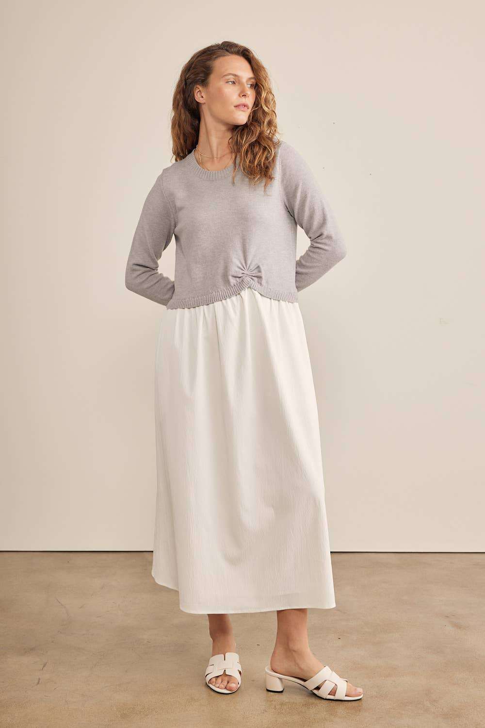 In February Mixed Media Sweater MIDI twofer style Dress - Jennie Dots