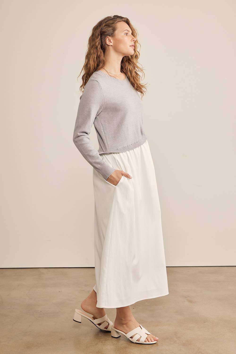 In February Mixed Media Sweater MIDI twofer style Dress - Jennie Dots
