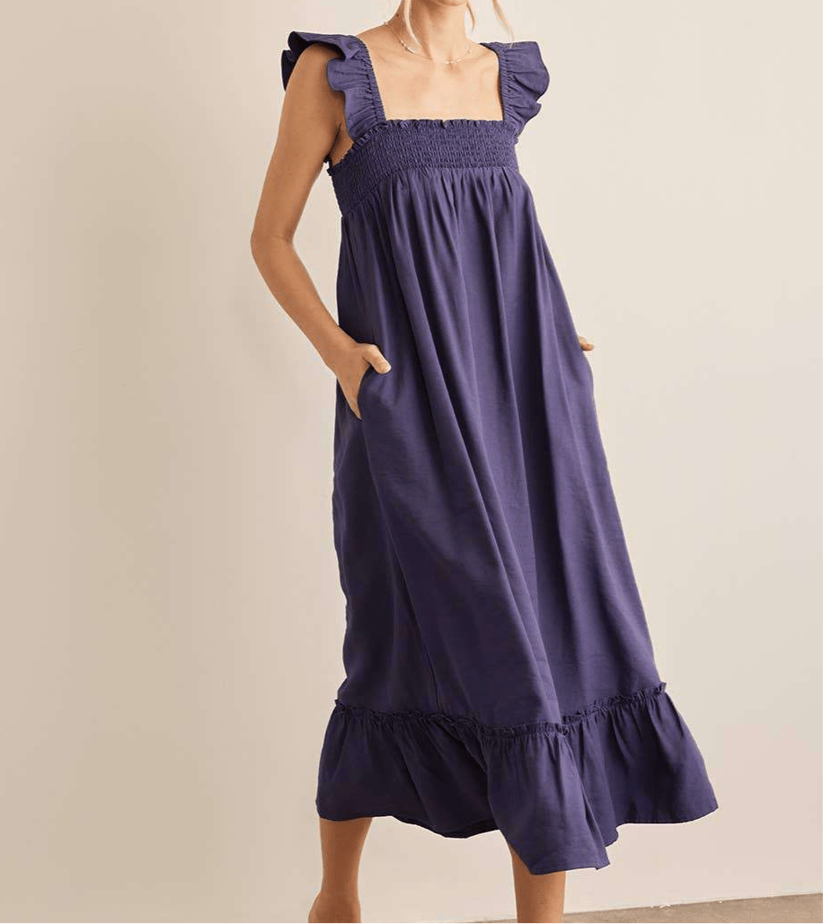 In February Navy Ruffle Sleeve Square Neck Smocked MIDI Dress - Jennie Dots