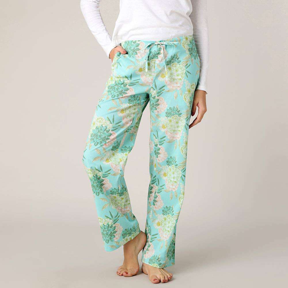 Jolene Pant in a Bag, hand screen printed cotton pajama bottoms with floral design and matching bag.