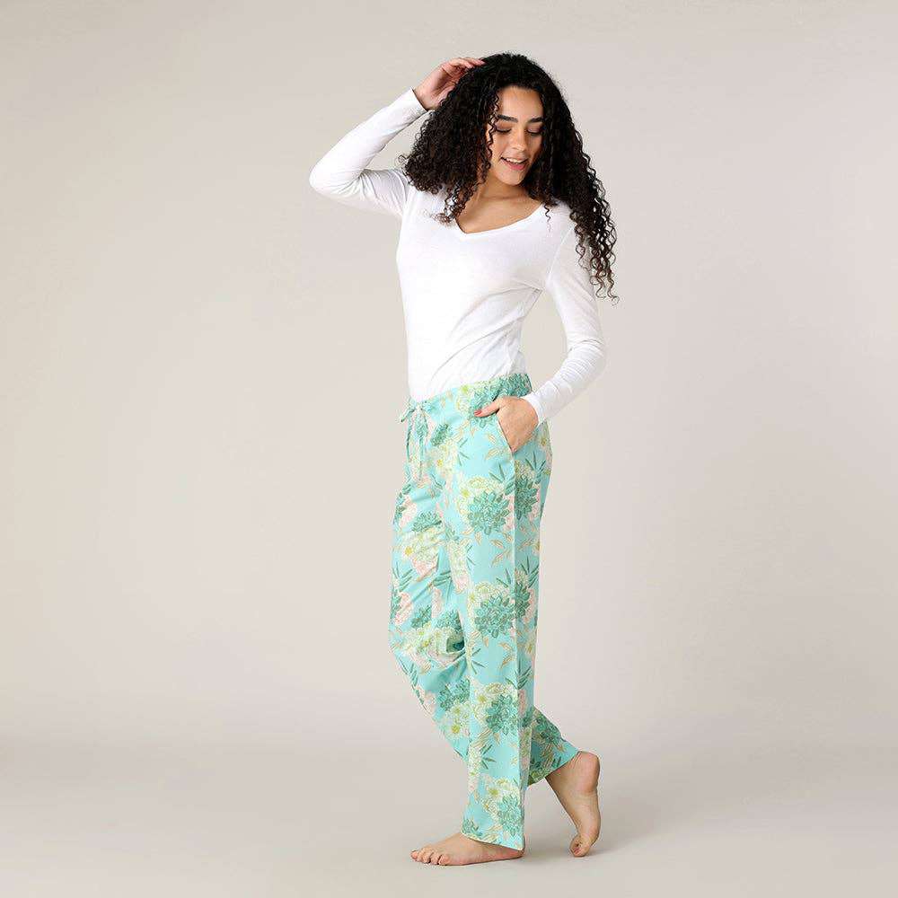 Jolene Pant in a bag, hand screen printed cotton pajama pants with drawstring, elastic waist, and pockets.