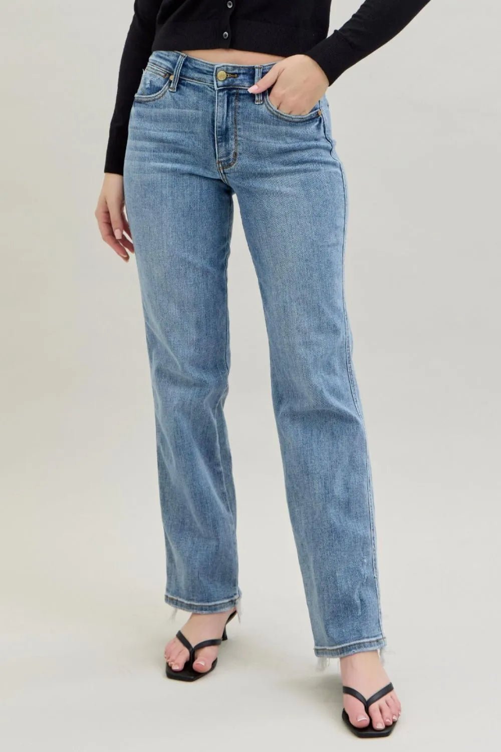 Judy Blue Frayed Hem Cell Phone Pocket Dad Jeans - Jennie Dots