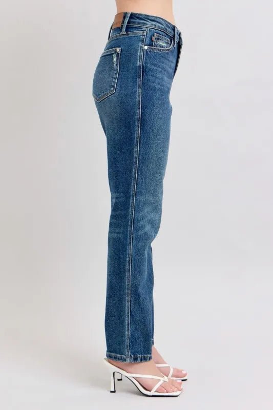 Judy Blue Full Size High Waisted Rigid Magic Non - destroy Straight Leg Jeans Plus Size - Jennie Dots
