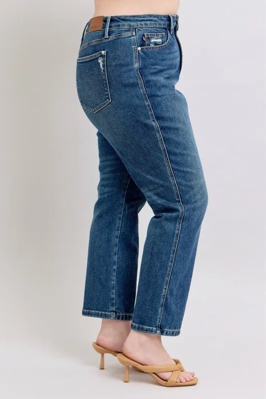 Judy Blue Full Size High Waisted Rigid Magic Non - destroy Straight Leg Jeans Plus Size - Jennie Dots