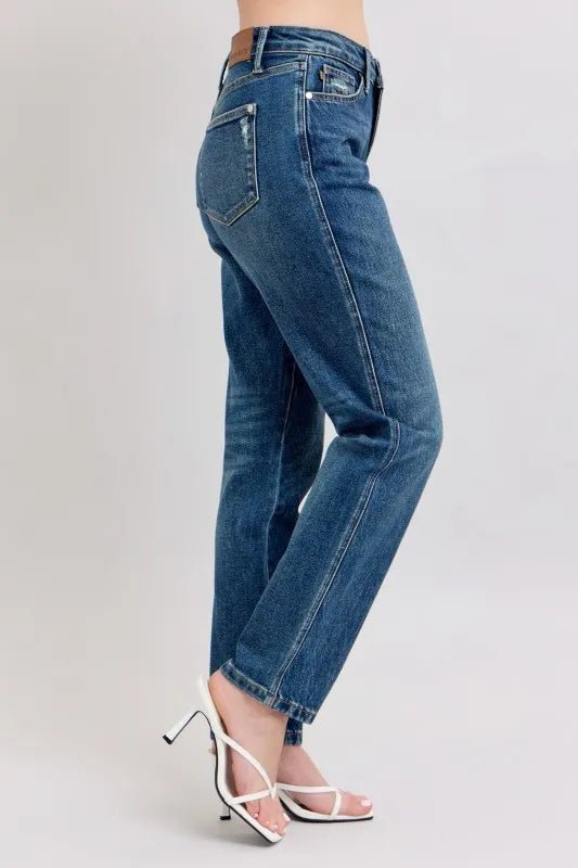Judy Blue Full Size High Waisted Rigid Magic Non - destroy Straight Leg Jeans Plus Size - Jennie Dots