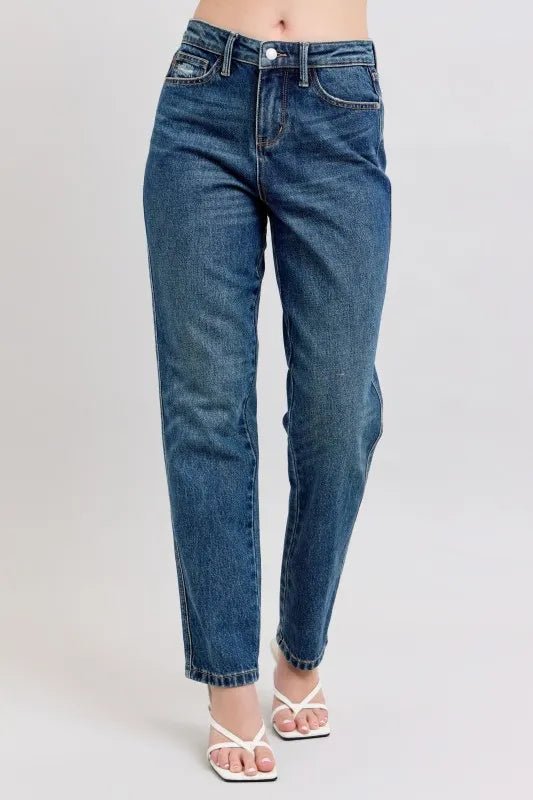 Judy Blue Full Size High Waisted Rigid Magic Non - destroy Straight Leg Jeans Plus Size - Jennie Dots
