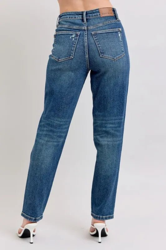 Judy Blue Full Size High Waisted Rigid Magic Non - destroy Straight Leg Jeans Plus Size - Jennie Dots