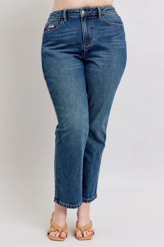 Judy Blue Full Size High Waisted Rigid Magic Non - destroy Straight Leg Jeans Plus Size - Jennie Dots