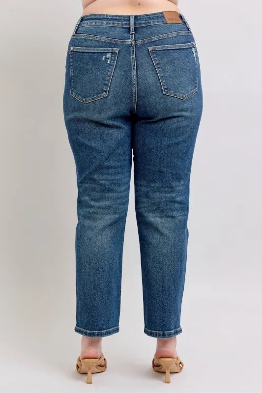 Judy Blue Full Size High Waisted Rigid Magic Non - destroy Straight Leg Jeans Plus Size - Jennie Dots