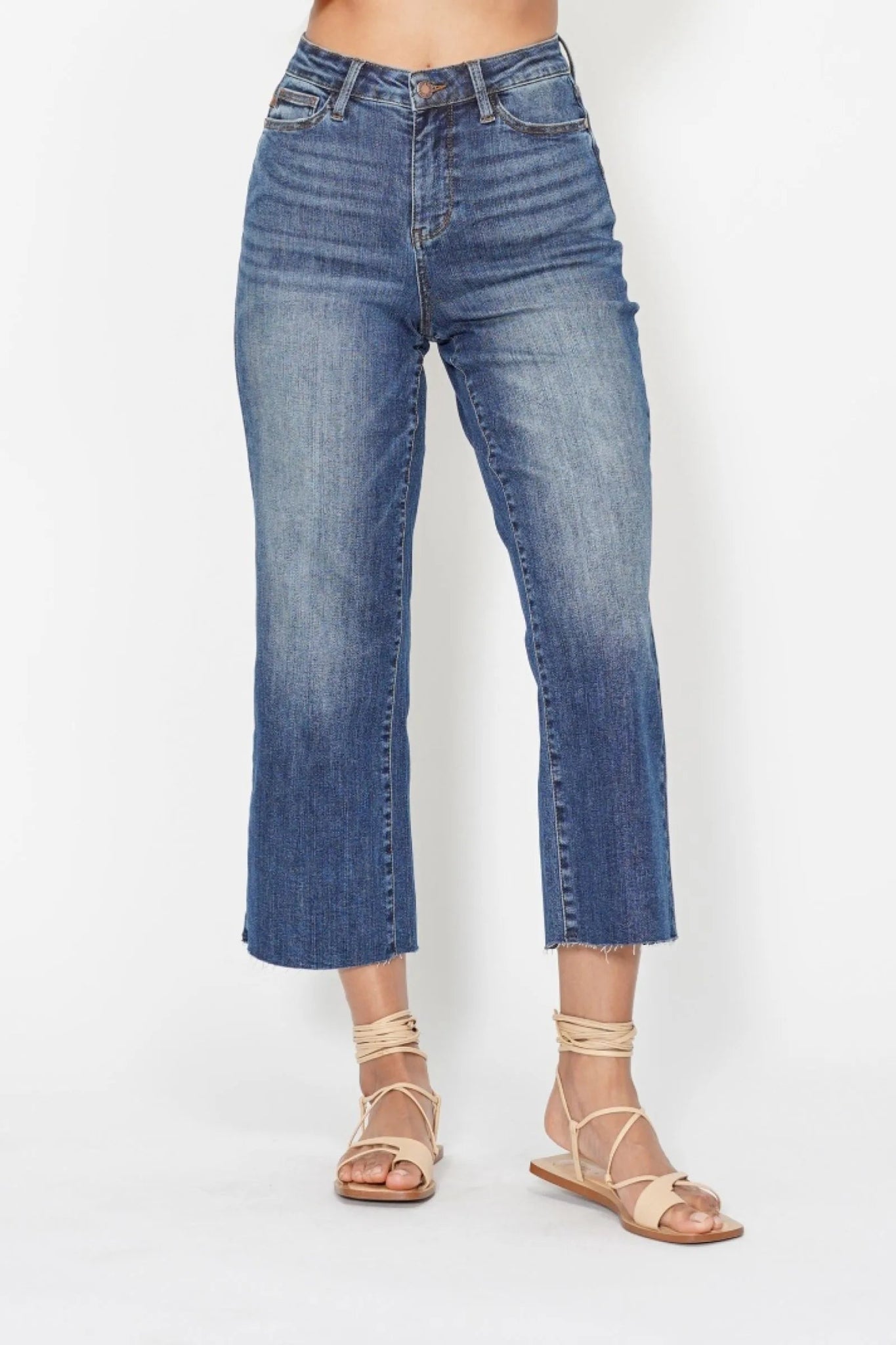 Judy Blue High Waist Back Pocket Embroidery Crop Wide Jeans - Jennie Dots