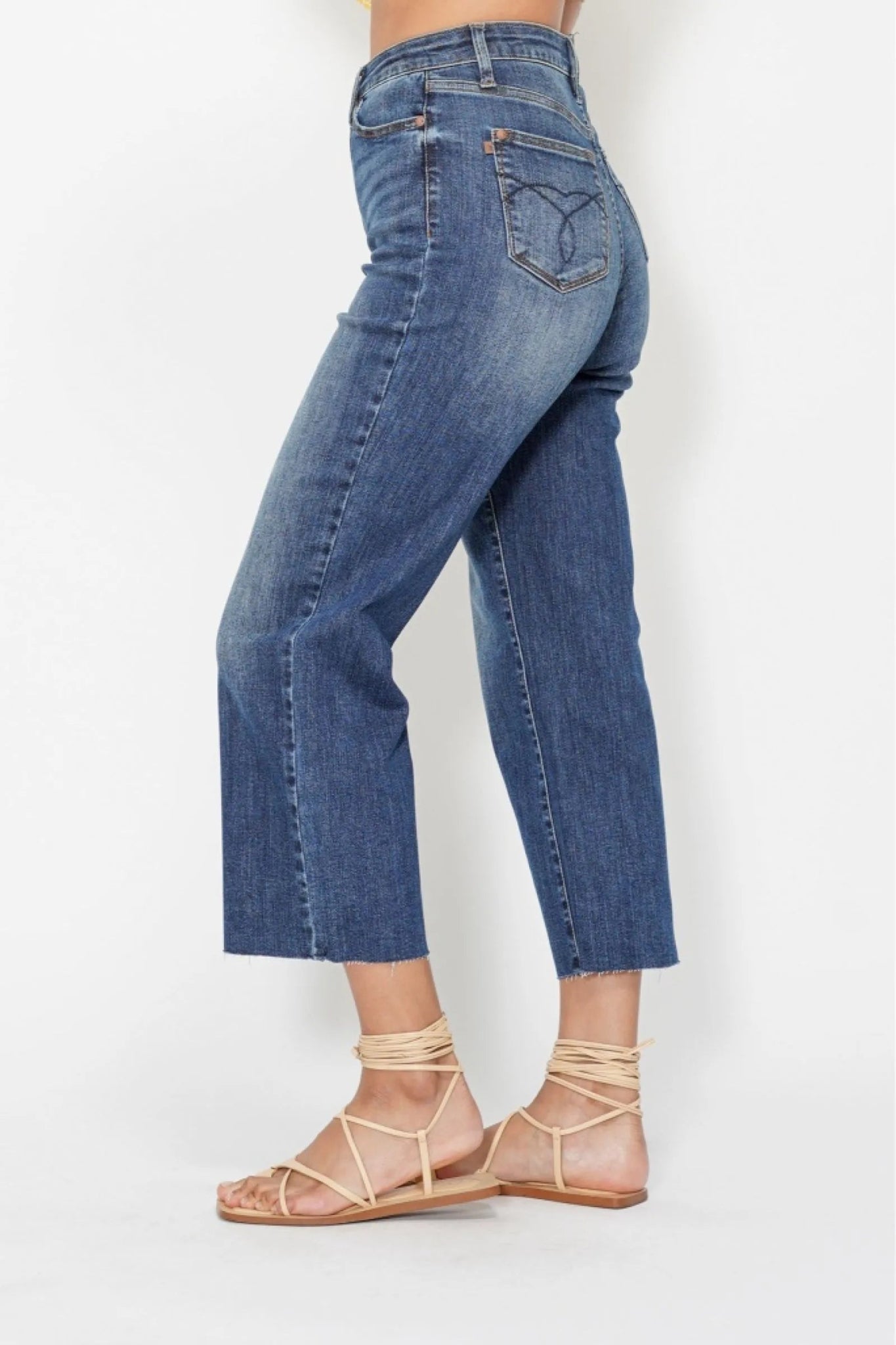 Judy Blue High Waist Back Pocket Embroidery Crop Wide Jeans - Jennie Dots
