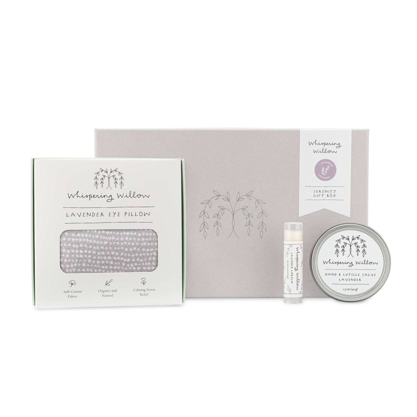 Lavender Serenity Gift Set featuring eye pillow, salve, and lip balm in linen-wrapped box.