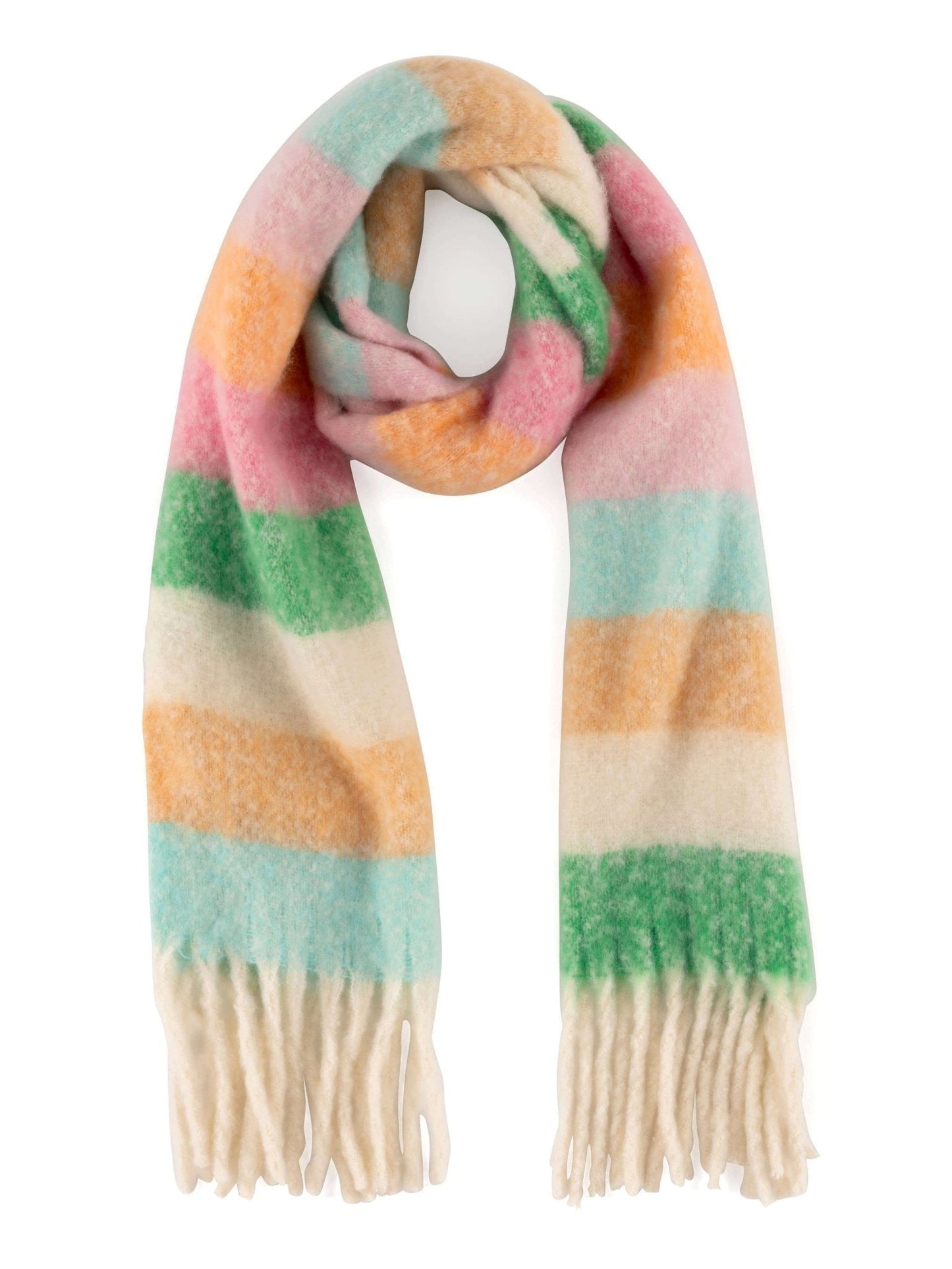 Luxuriously soft Leandra Scarf with bright green, white, orange, blue, and pink stripes and white fringe, perfect for winter style.
