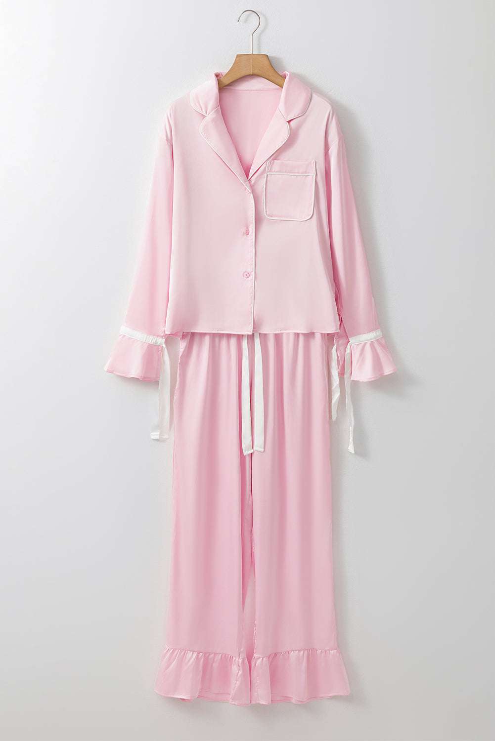 Light Pink Satin Knot Accent Shirt and Ruffled Pants Lounge Set - Jennie Dots