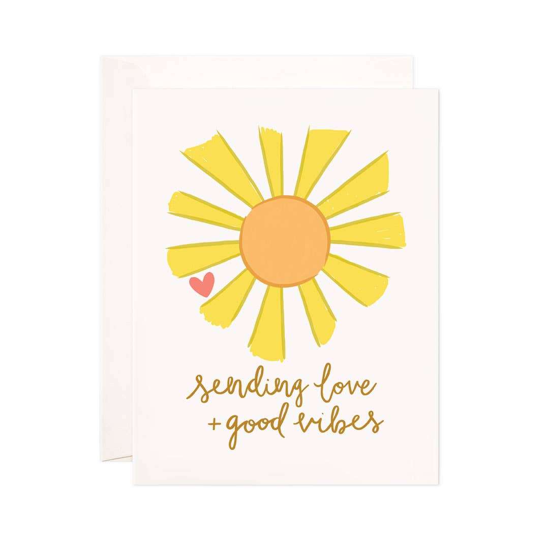Love + Good Vibes greeting card with sun illustration and small red heart, perfect for encouragement and sympathy.