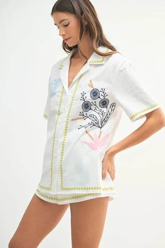 MABLE Embroidered Button Down Shirt and Shorts Set - Jennie Dots