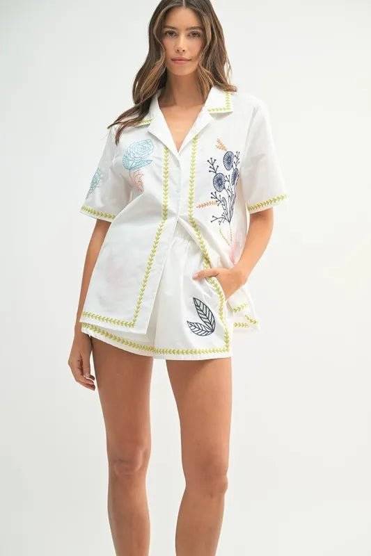 MABLE Embroidered Button Down Shirt and Shorts Set - Jennie Dots