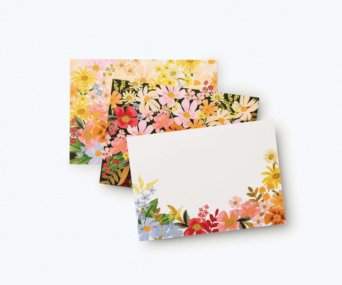 Colorful floral Marguerite Stationery Set with assorted flat notes and envelopes.