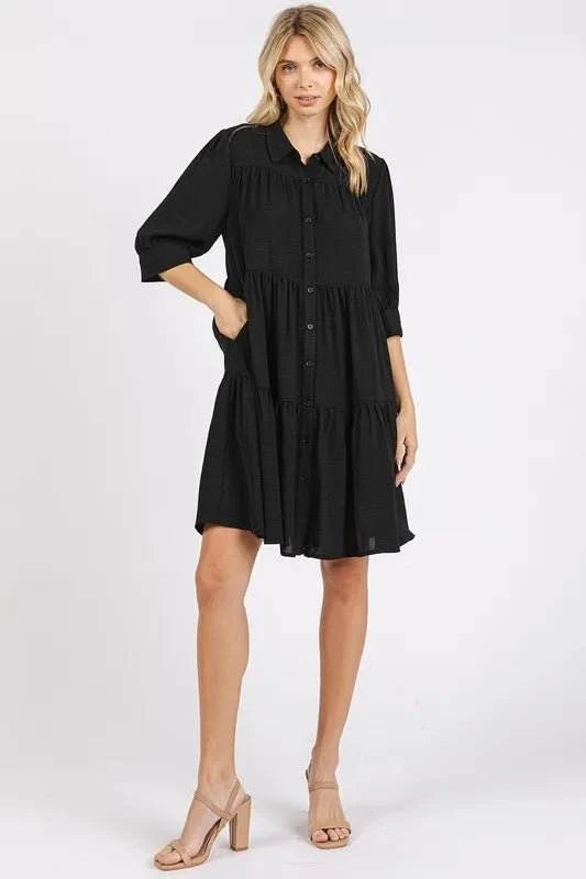 Mittoshop Button Detail Collared Neck Tiered Shirt Dress - Jennie Dots