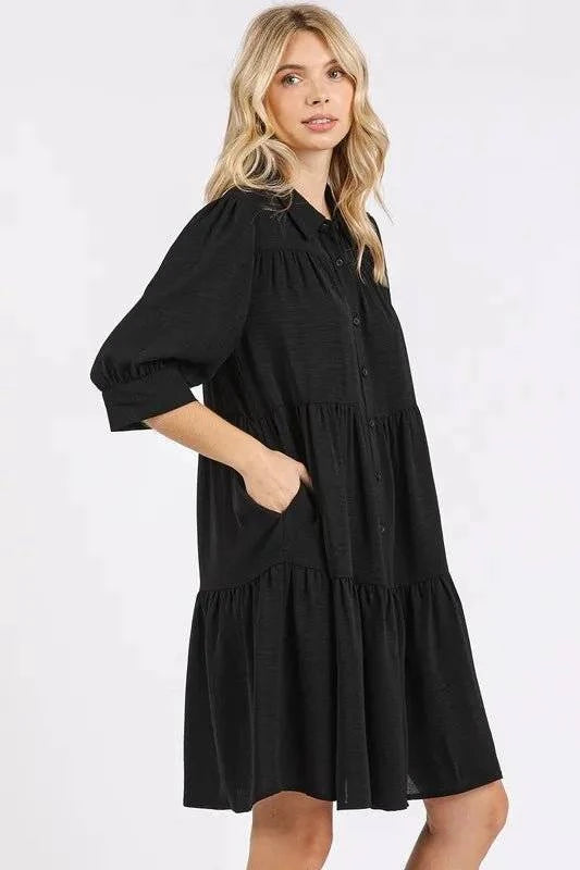 Mittoshop Button Detail Collared Neck Tiered Shirt Dress - Jennie Dots