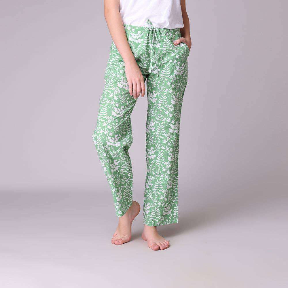 Lightweight cotton Miya pant with fern pattern and matching bag.