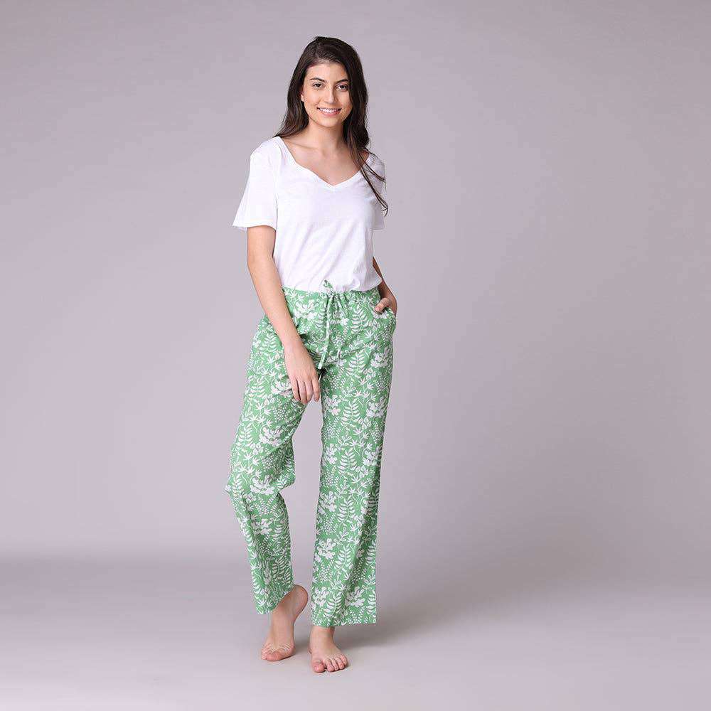Miya Pant in a bag, lightweight cotton pajama bottoms with fern print, drawstring, elastic waist, and pockets.