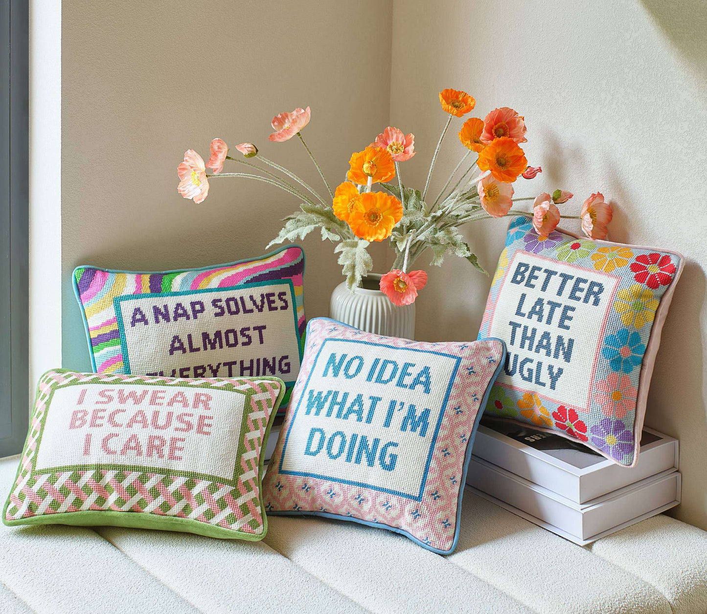 Nap Solves Almost Everythiny Embroidered Needlepoint Pillow - Jennie Dots