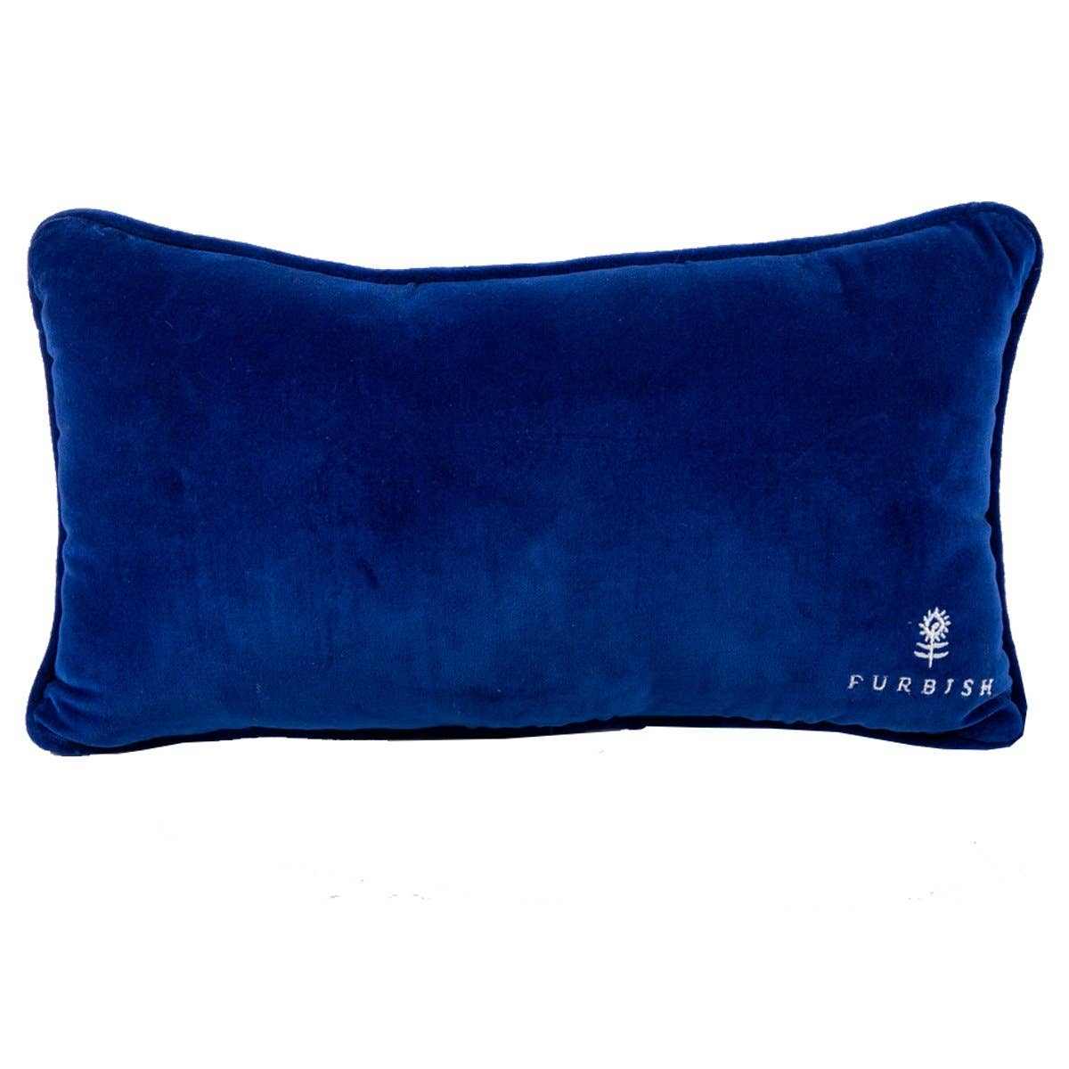 Blue velvet needlepoint pillow with embroidered design, perfect for chic decor or as a joyful gift.