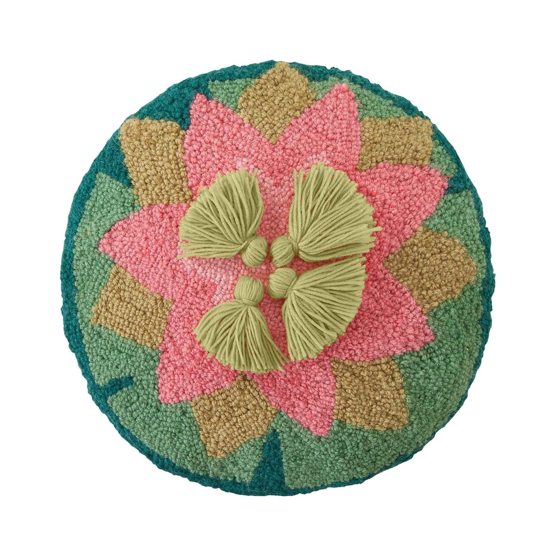 Hooked wool pillow with lotus design and tassels, Jungalow.