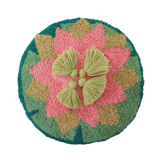 Hooked wool pillow with lotus design and tassels, Jungalow.