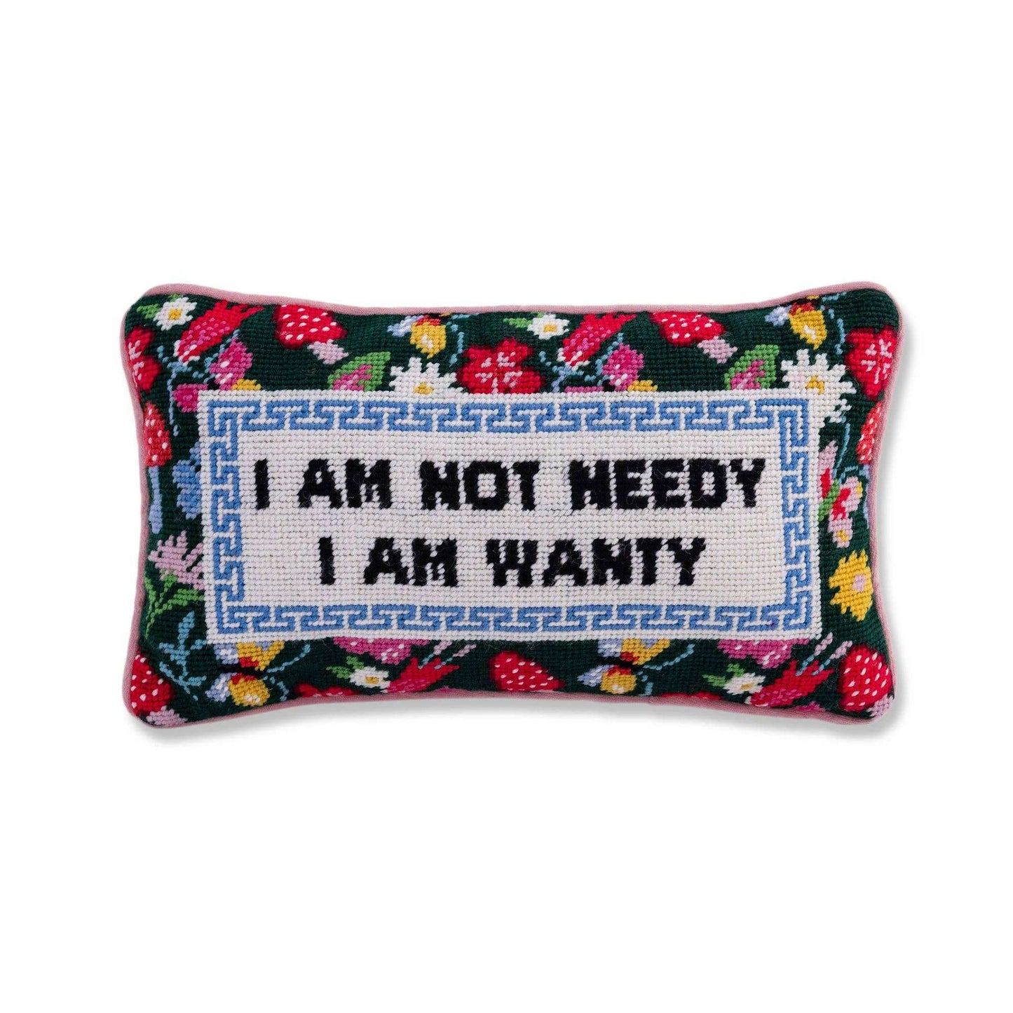 Chic Not Needy Needlepoint Pillow with embroidered design on pink velvet background.