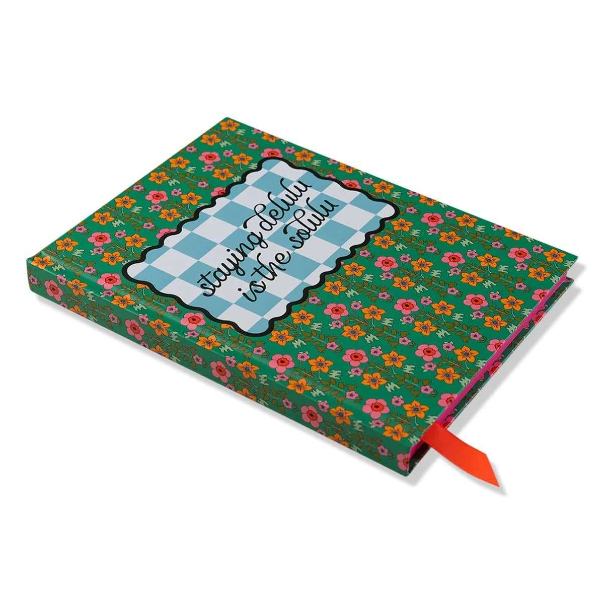Delulu Notebook with floral cover, half-lined and half-blank pages for notes and doodles.