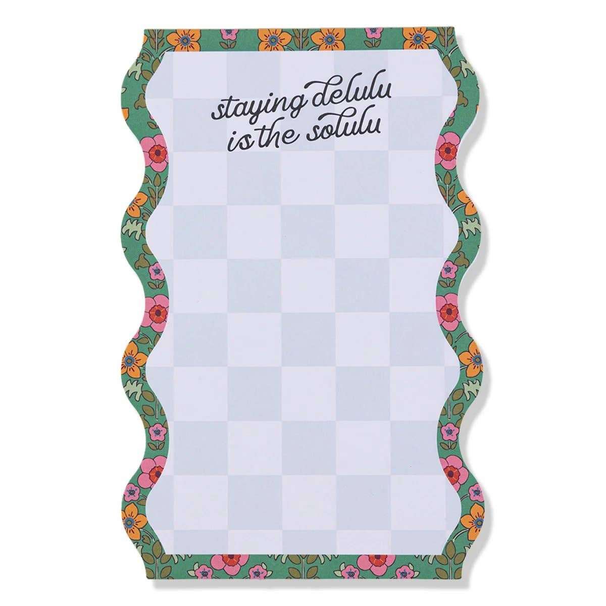 Colorful 'Notepad - Delulu' with floral border and checkered design.