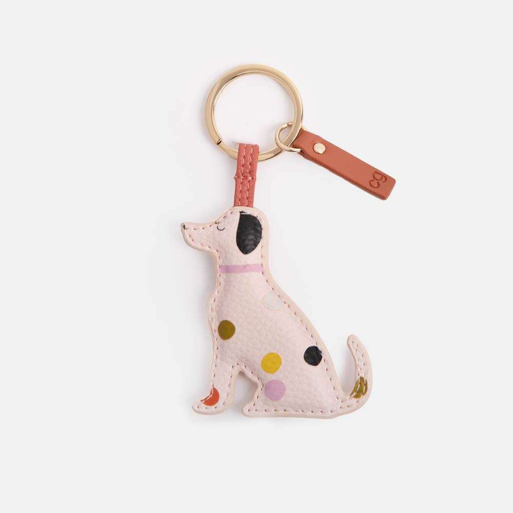 Pale pink dotty Labrador novelty keyring with colorful spots, ideal for keys or as a bag charm.