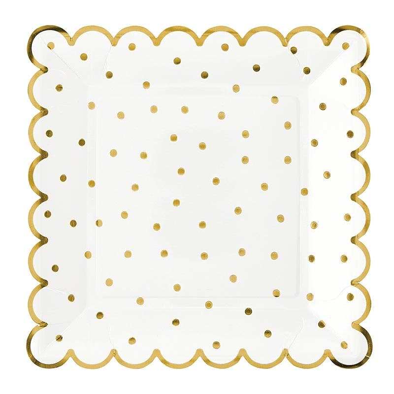 Square paper plate with gold polka dots and scalloped edges.