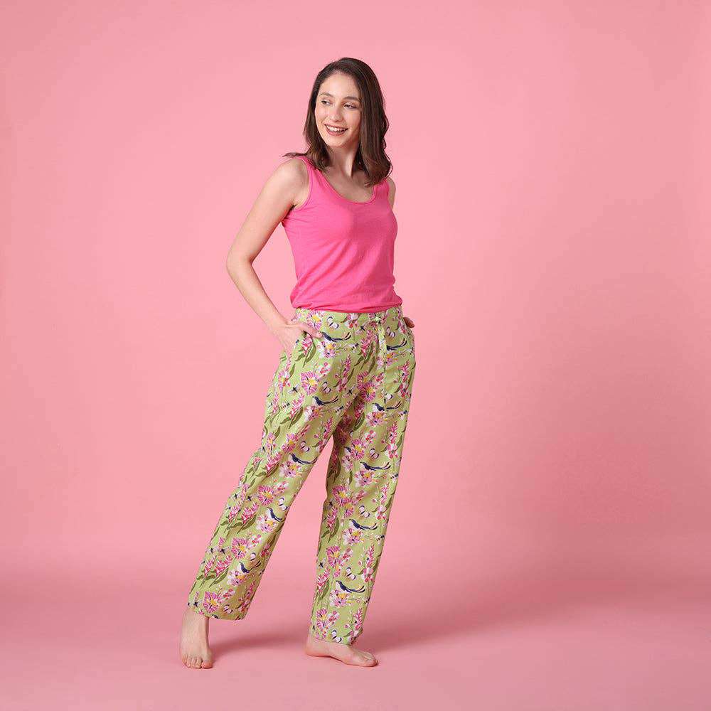 Paradiso Pant in a bag, hand screen-printed cotton pajama bottoms with drawstring, elastic waist, and pockets.