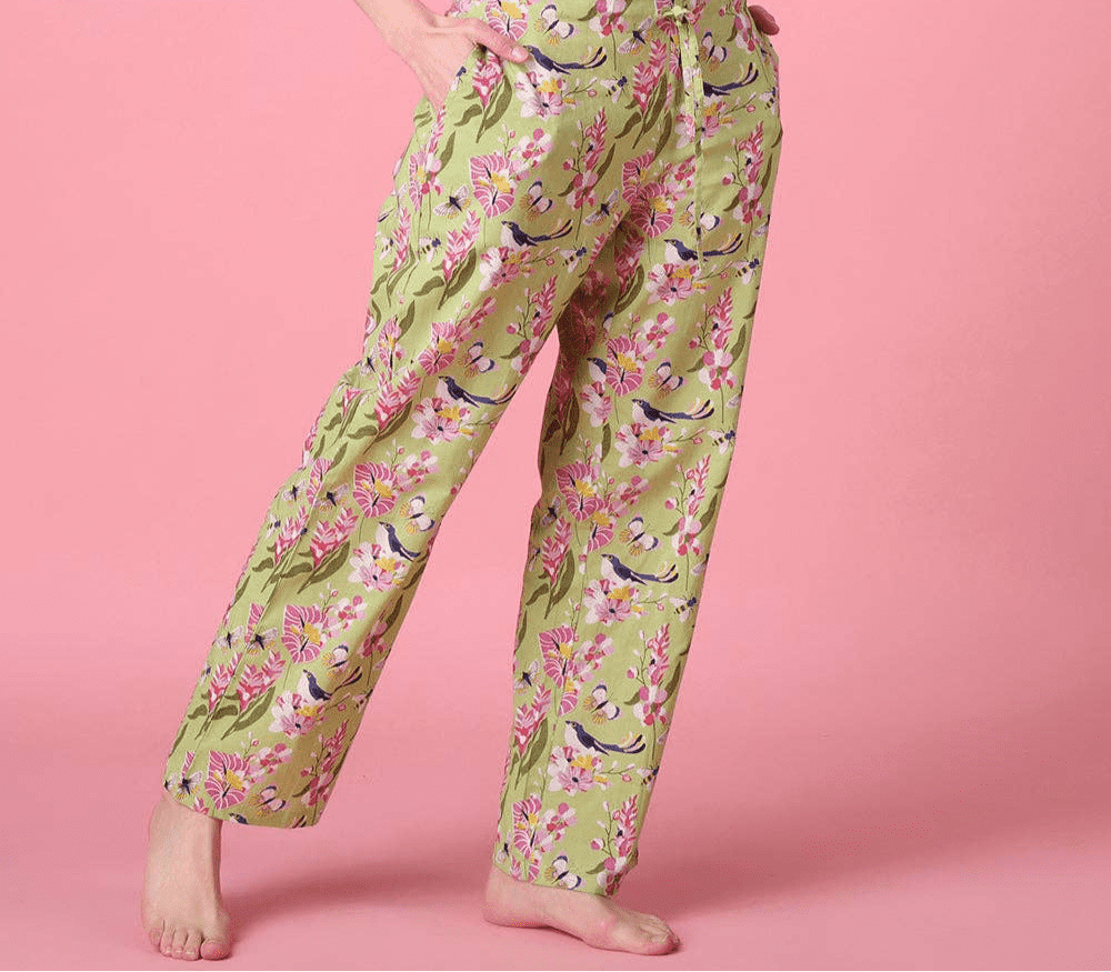 Paradiso Pant in a bag, floral pajama bottom with drawstring and elastic waist, lightweight cotton fabric.