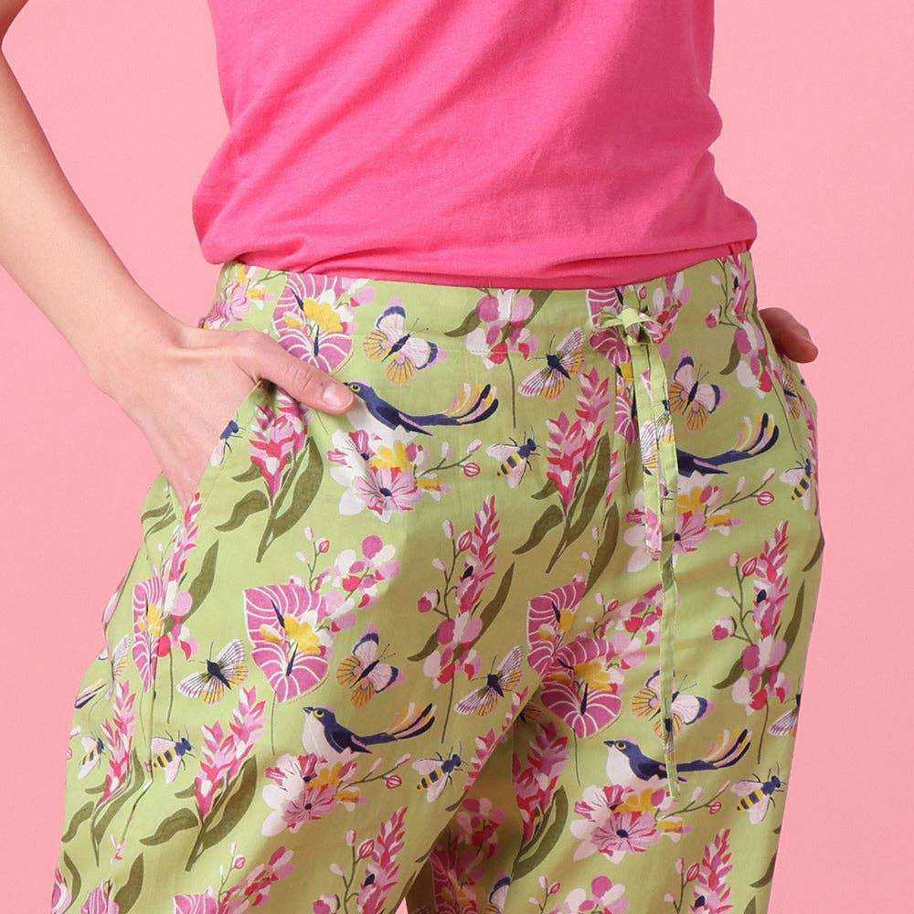 Paradiso Pant in a bag, floral hand screen printed cotton pajama with drawstring and pockets.